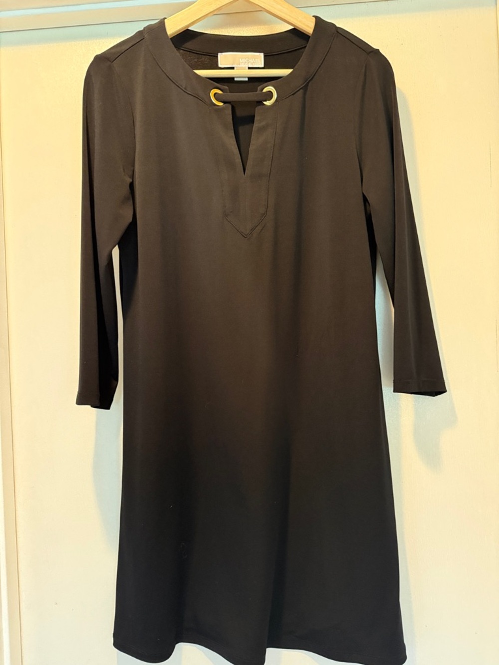 Michael Kors Black Long Sleeve Shift Dress with Gold Grommet Detail